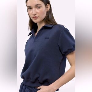 CPTS navy terry cropped polo with waistband. Size Small. great shape!